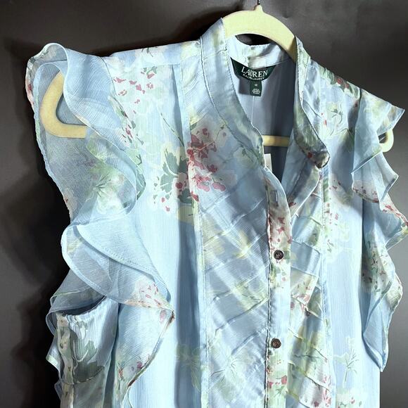 Lauren Ralph Lauren Ruffle Midi Dress Blue Floral Belted Chiffon Sz 12 - Picture 5 of 10